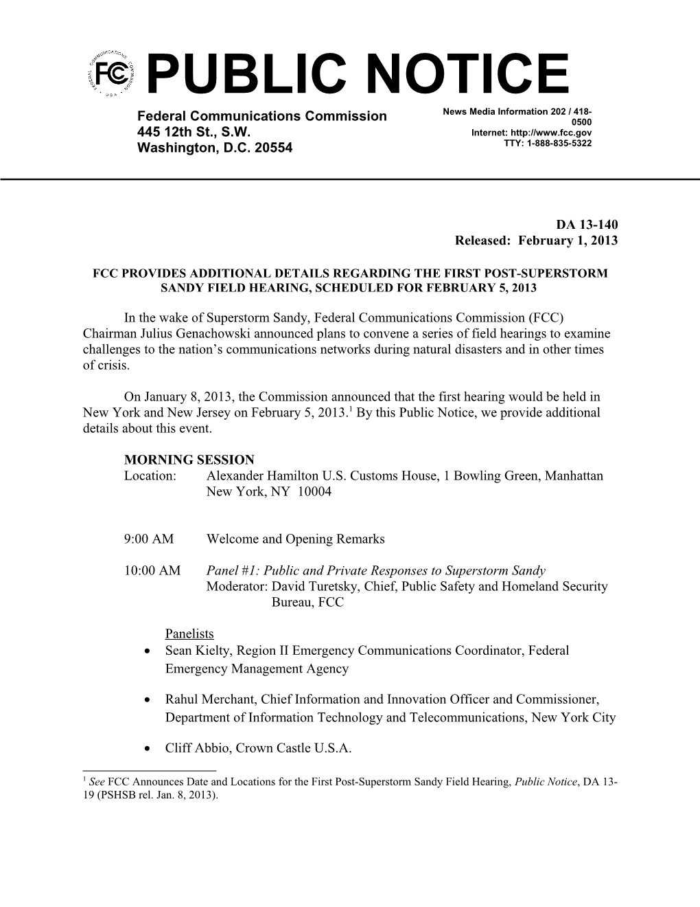 Fcc Provides Additional Details Regarding the First Post-Superstorm Sandy Field Hearing