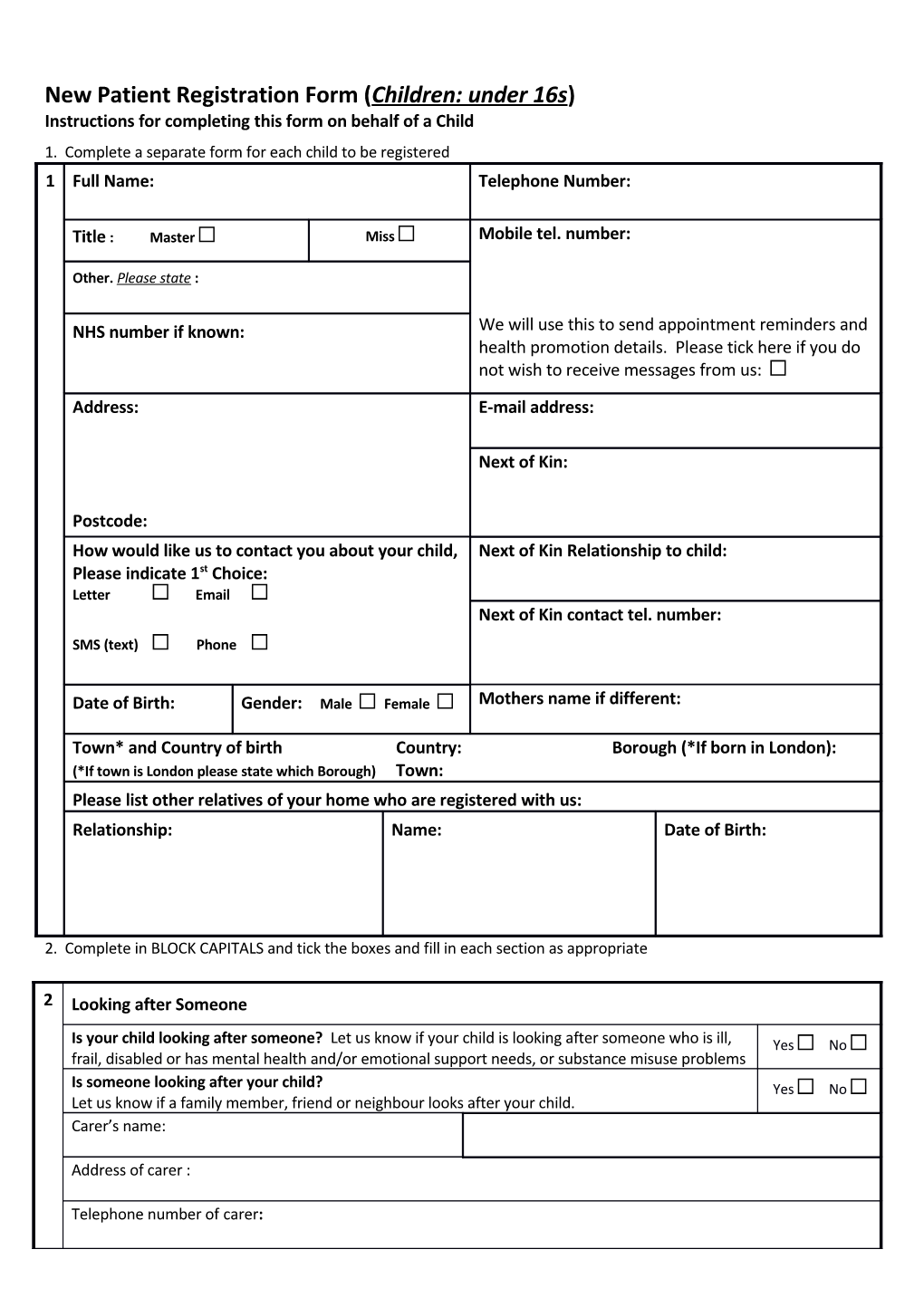 New Patient Registration Form (Children: Under 16S)