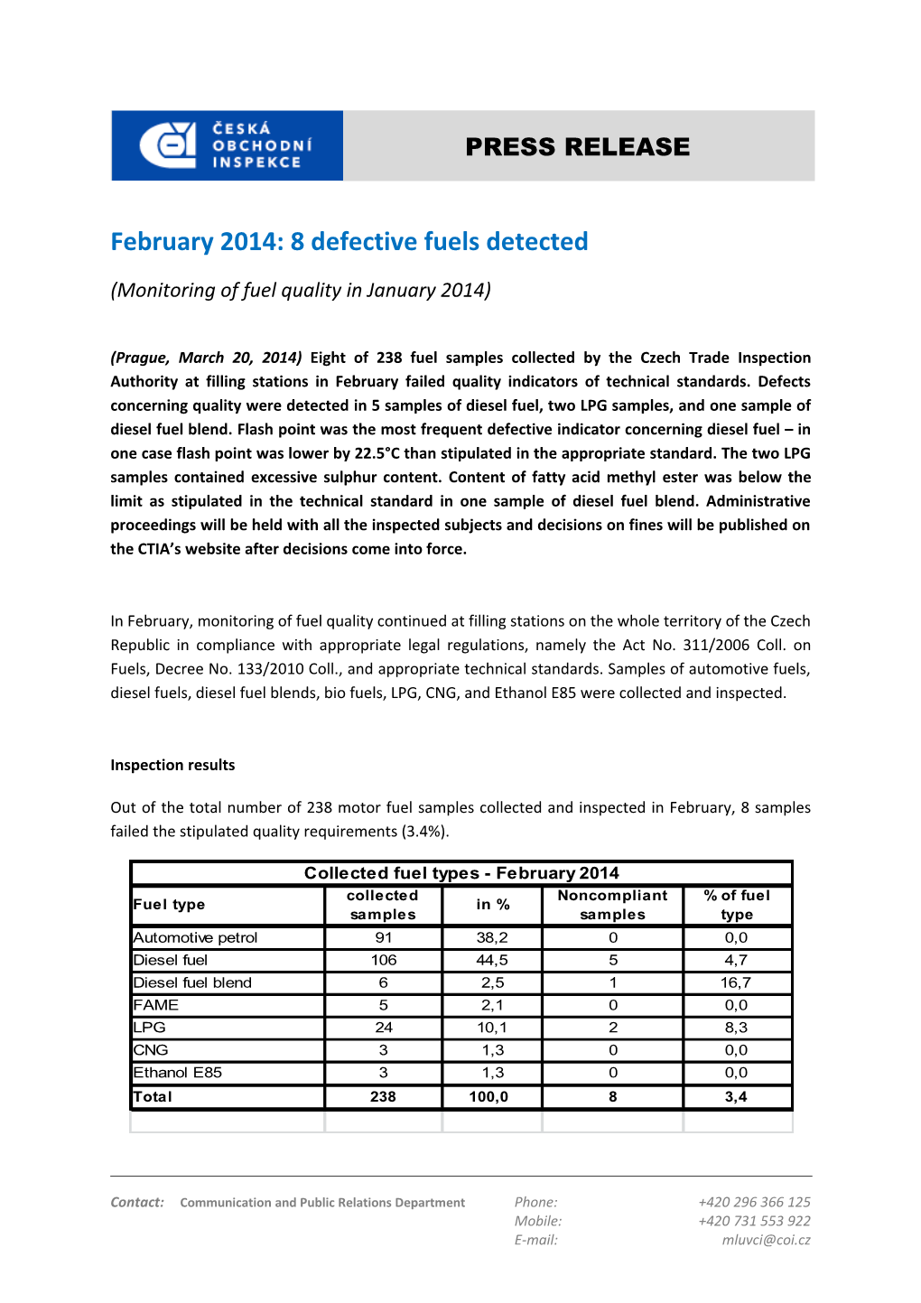 February 2014: 8 Defective Fuels Detected