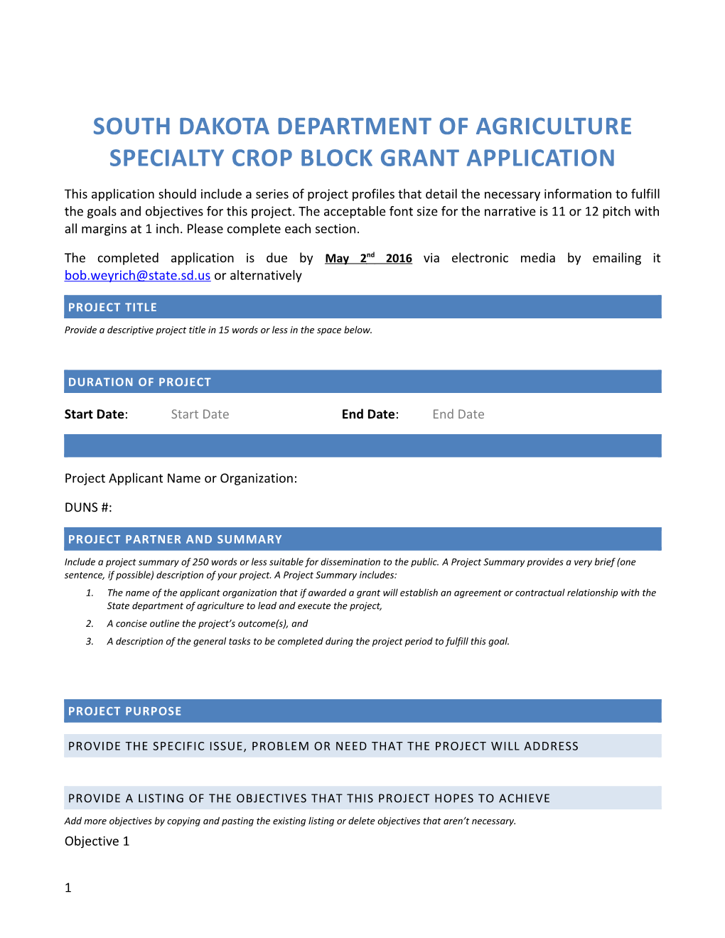 South Dakota Department of Agriculture Specialty Crop Block Grant Application