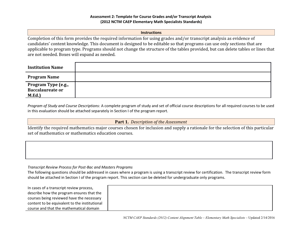 Assessment 2: Template for Course Grades And/Or Transcript Analysis