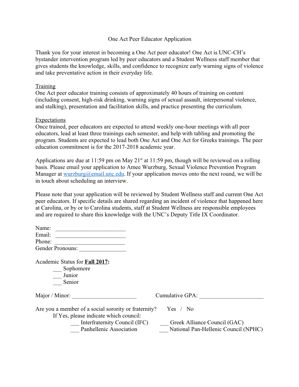 One Act Peer Educator Application