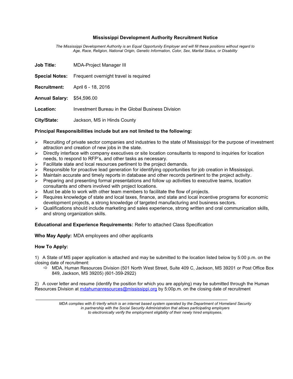 Mississippi Development Authority Recruitment Notice