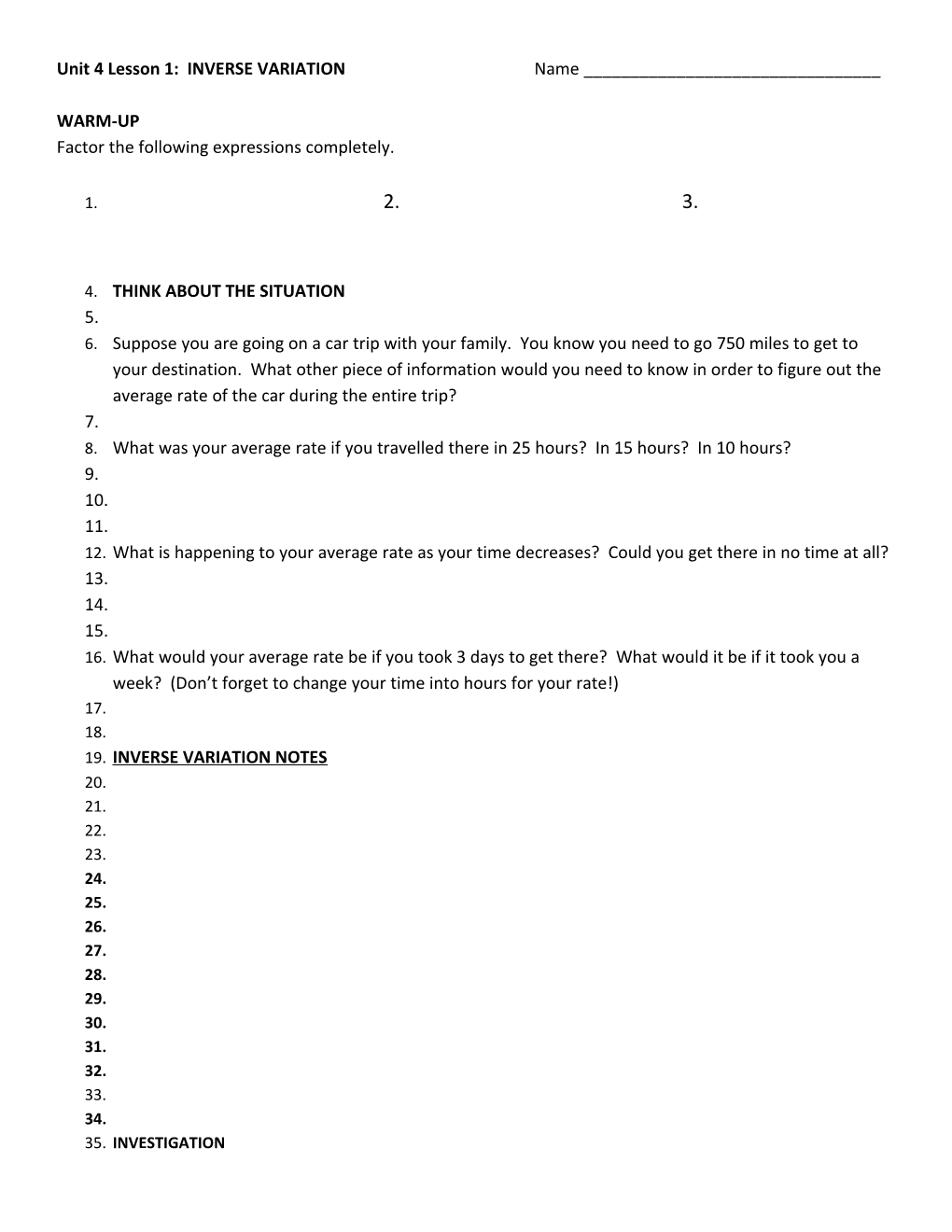 Unit 4 Lesson 1: INVERSE VARIATION Name ______