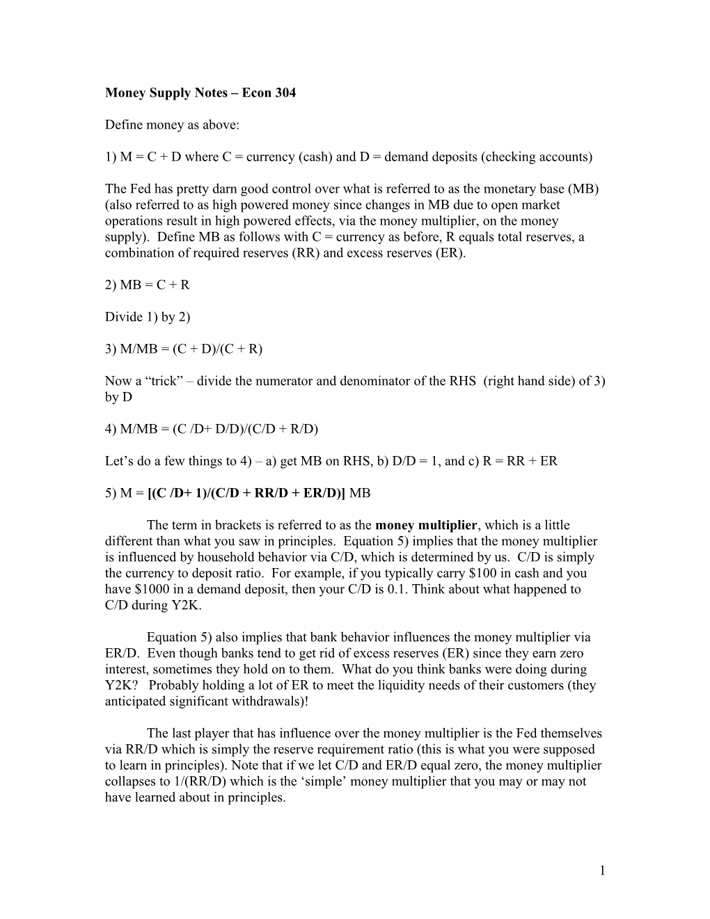 Money Supply Notes Econ 304 Spring 2011