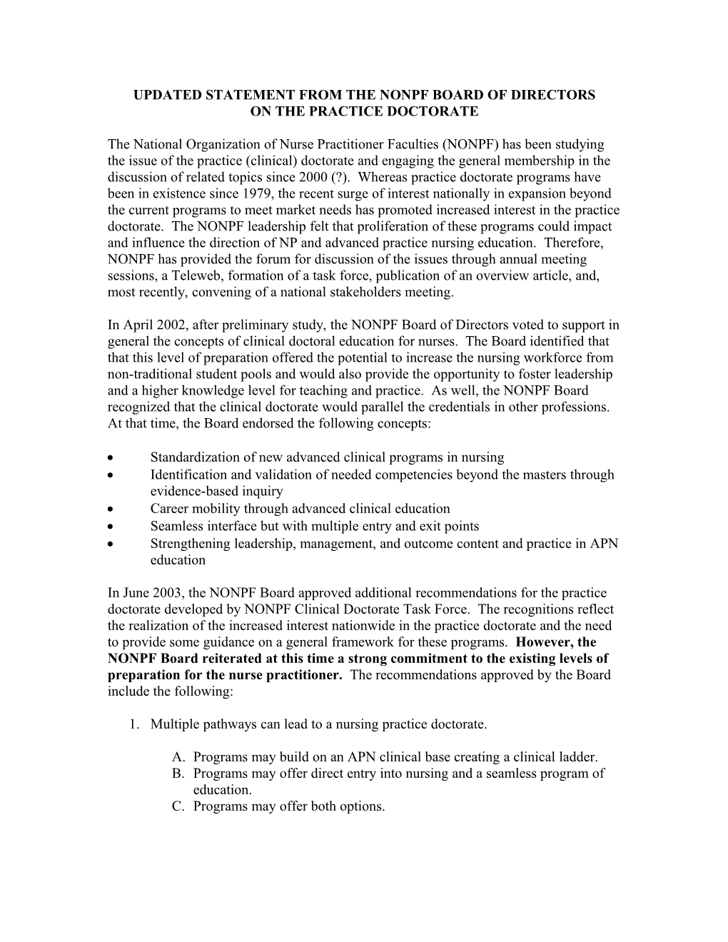 Conceptual Framework for Clinical Doctorate in Nursing