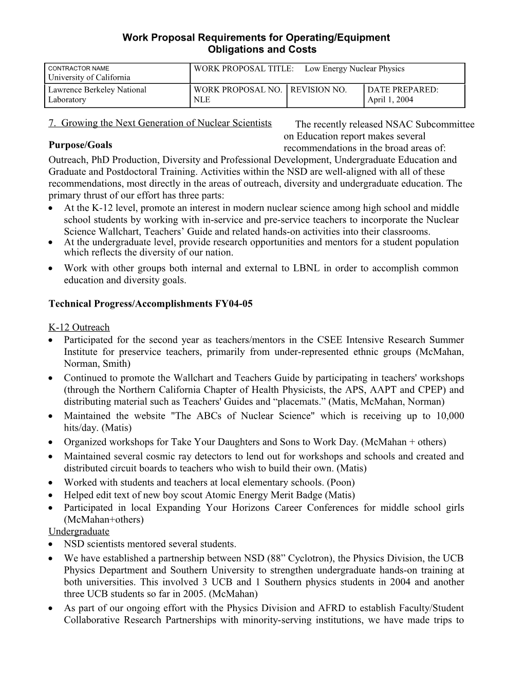 Work Proposal Requirements for Operating/Equipment