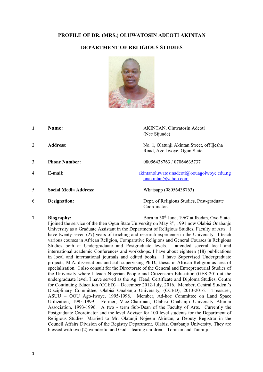 Profile of Dr. (Mrs.) Oluwatosin Adeoti Akintan