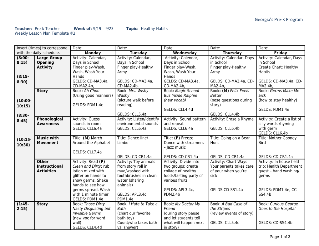 Teacher: Pre-K Teacher Week Of:9/19 9/23 Topic: Healthy Habits Weekly Lesson Plan Template #3