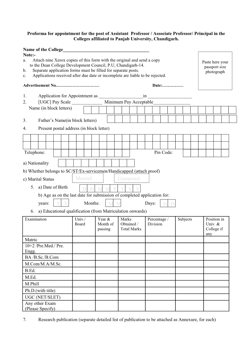 Proforma for Appointment for the Post of Assistant Professor / Associate Professor/ Principal