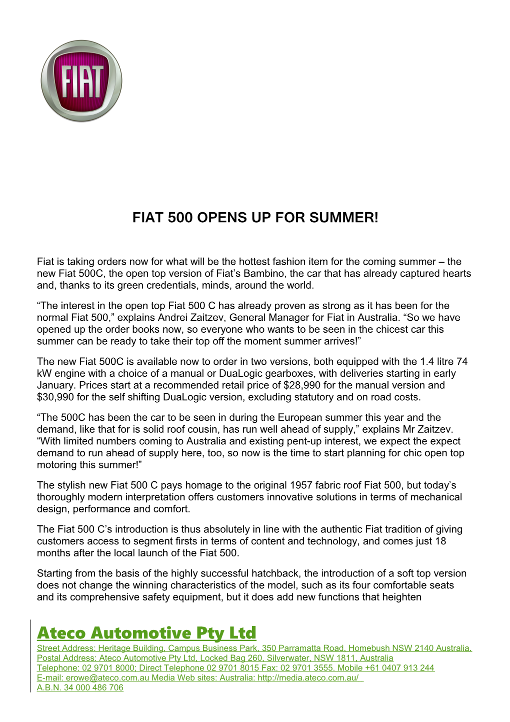 Fiat 500 Opens up for Summer!