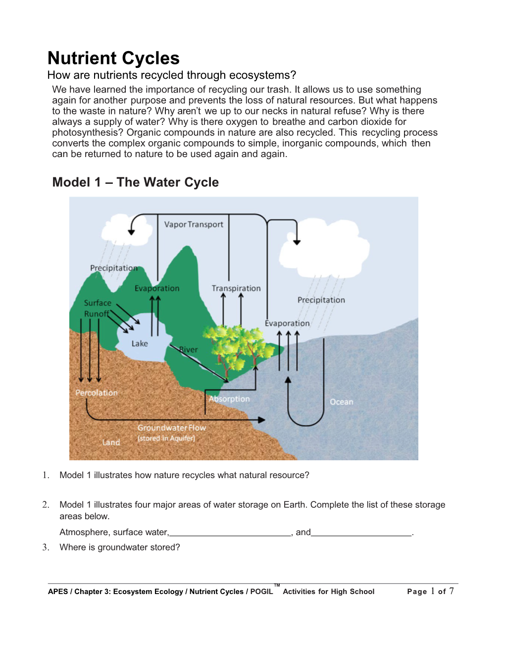 APES / Chapter 3: Ecosystem Ecology / Nutrient Cycles /POGIL Activitiesforhighschool Page
