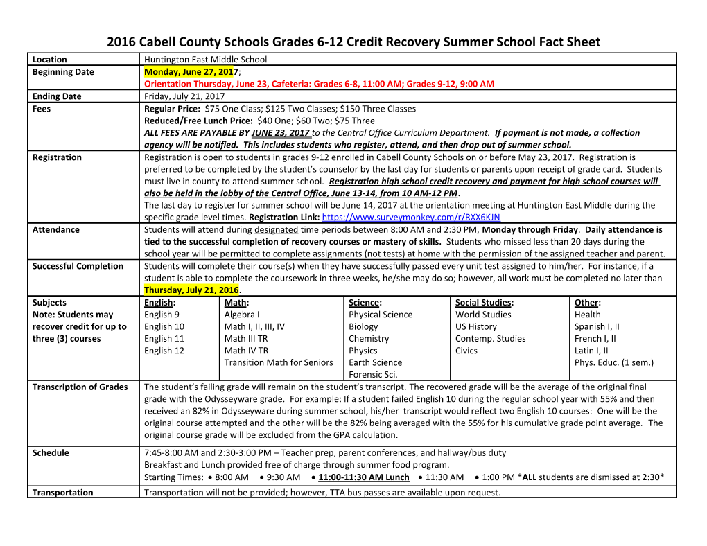 2016Cabell County Schools Grades 6-12 Credit Recovery Summer School Fact Sheet