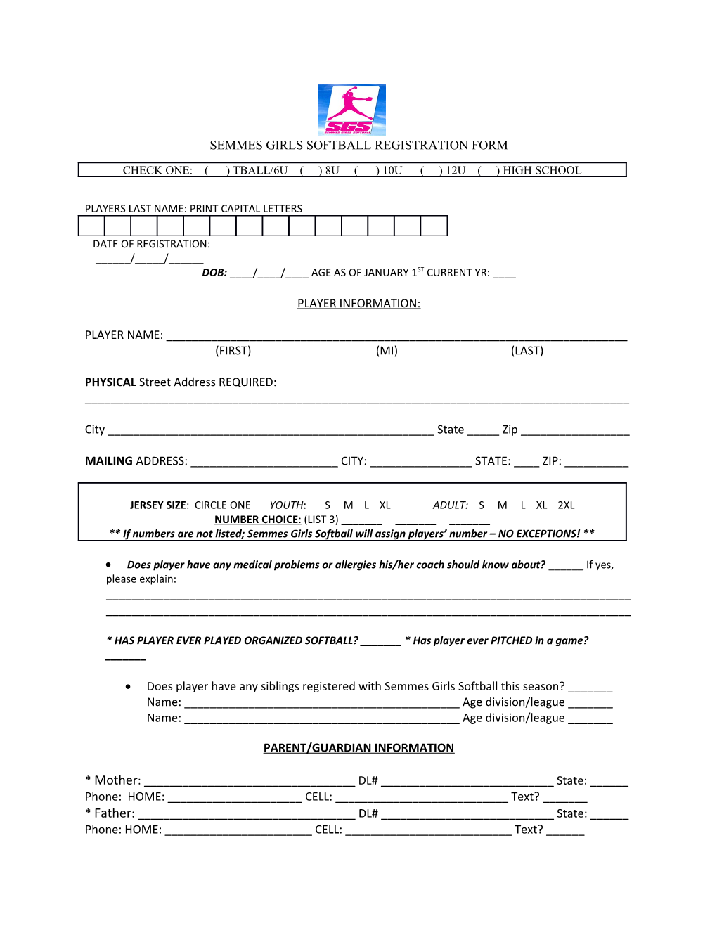 Semmes Girls Softball Registration Form