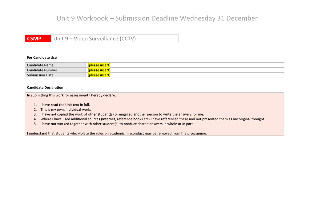 Unit 9 Workbook Submission Deadline Wednesday 31December