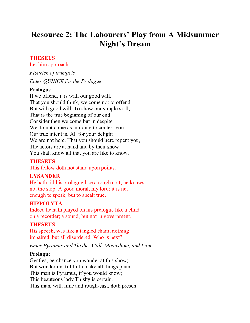 Resource 2: the Labourers Play from a Midsummer Night S Dream