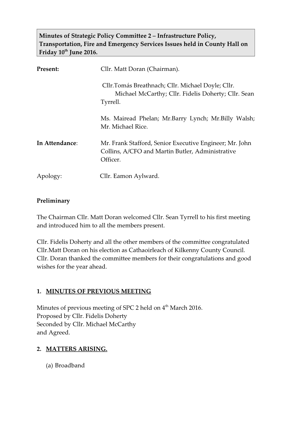 Minutes of Strategic Policy Committee 2 Infrastructure, Transportation, Water Services