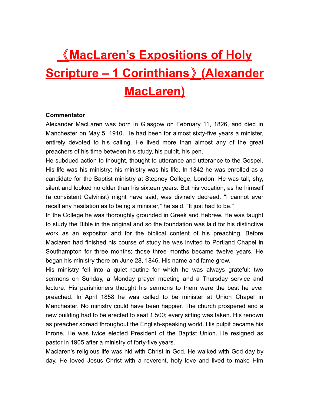 Maclaren S Expositions of Holyscripture 1 Corinthians (Alexandermaclaren)