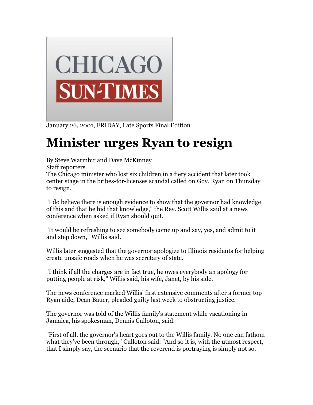 Minister Urges Ryan to Resign