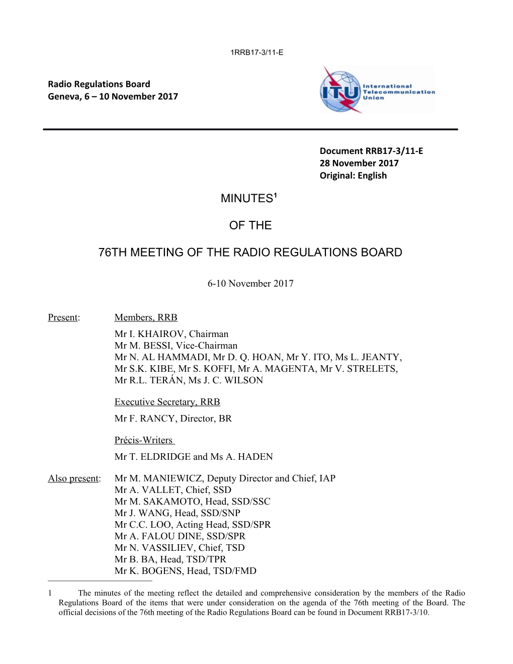 Minutes of the 76Th RRB Meeting (6-10 November 2017)