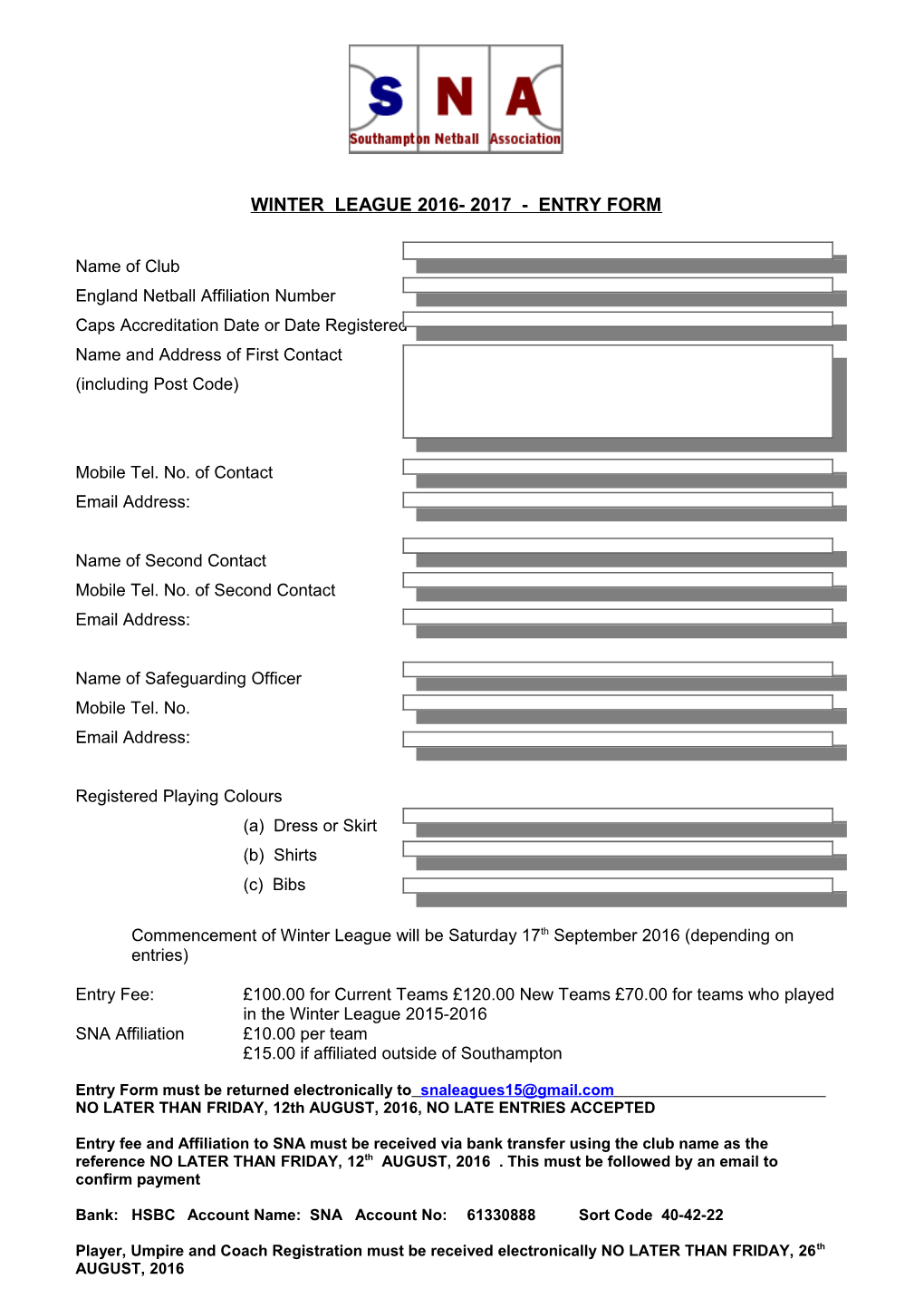 Winter League 2001 - Entry Form