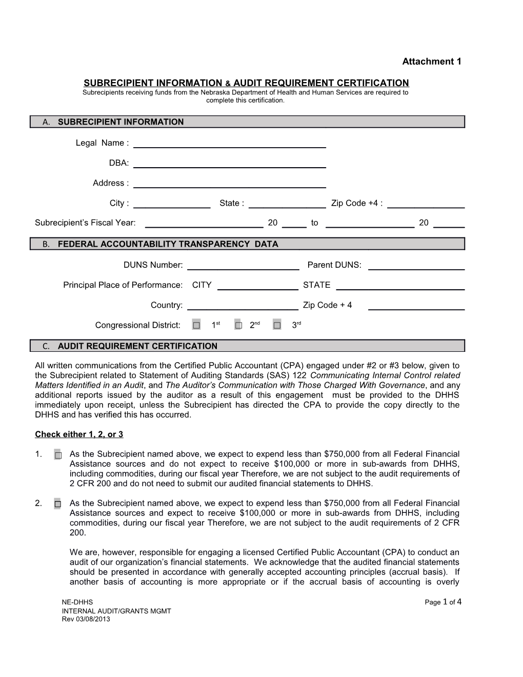 Subrecipient Information and Audit Requirement Certification Form