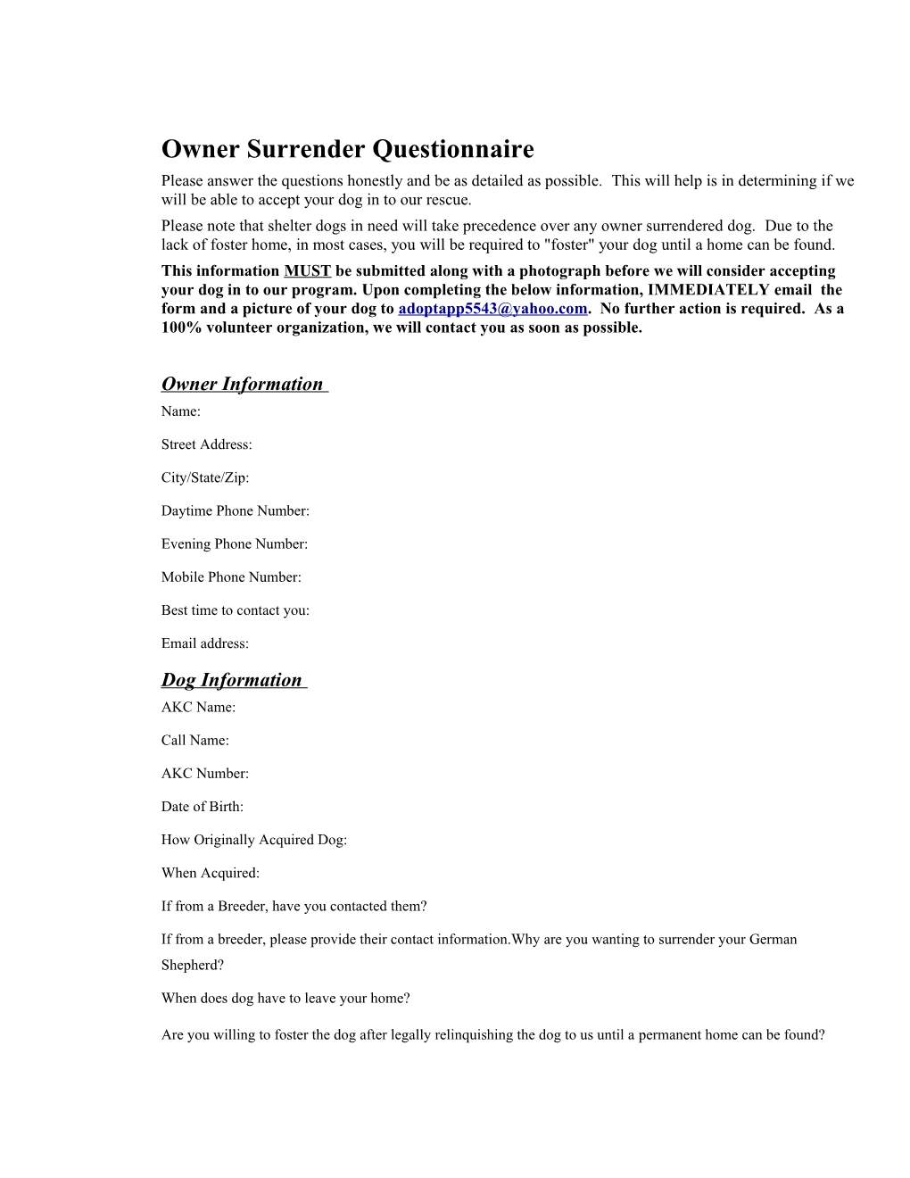 Owner Surrender Questionnaire