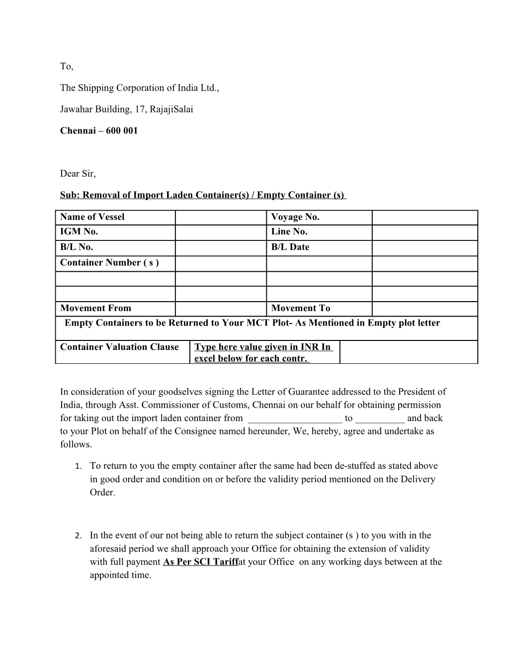 Sub: Removal of Import Laden Container(S) / Empty Container (S)