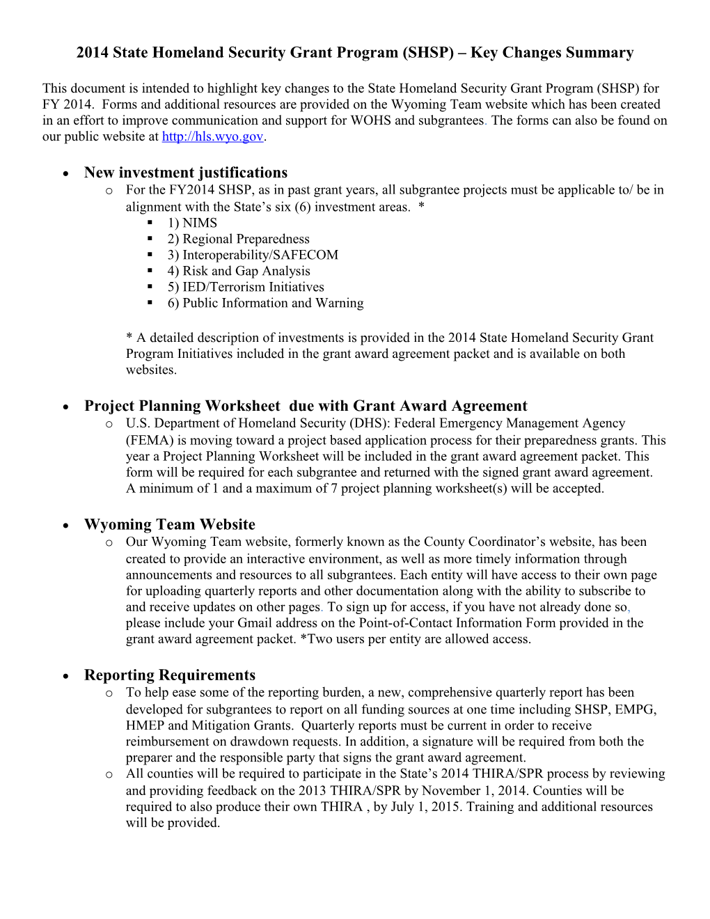 2014 State Homeland Security Grant Program (SHSP) Key Changes Summary