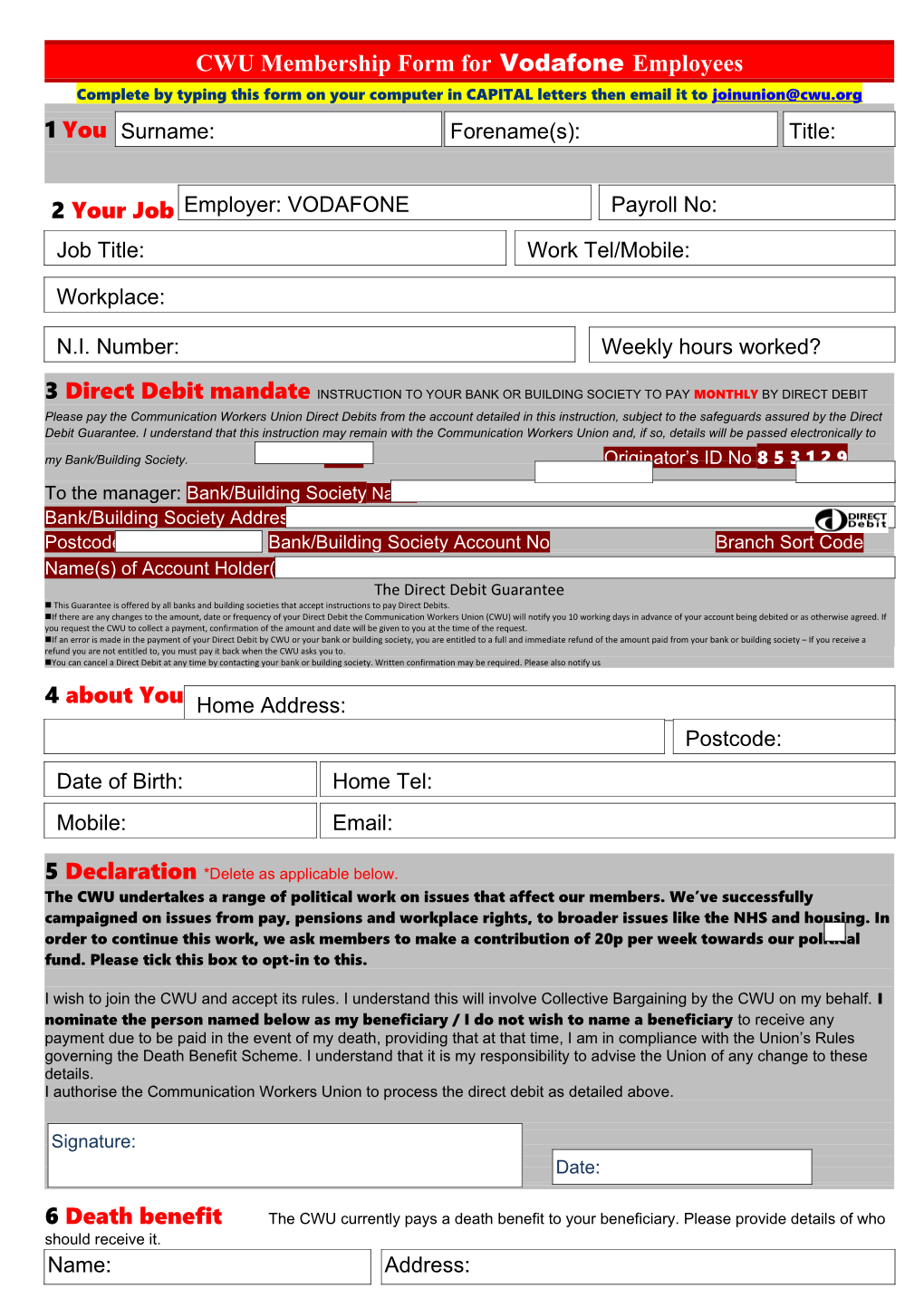 CWU Membership Form for Vodafone Employees