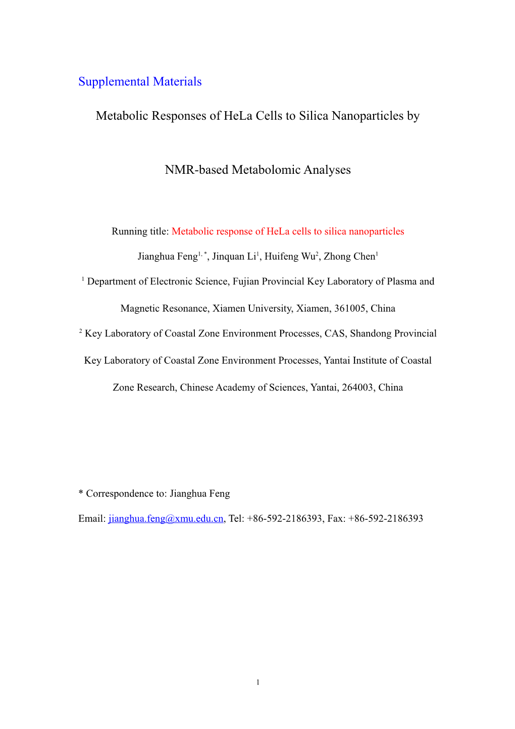 Metabolic Responses of Hela Cells to Silica Nanoparticles by NMR-Based Metabolomic Analyses