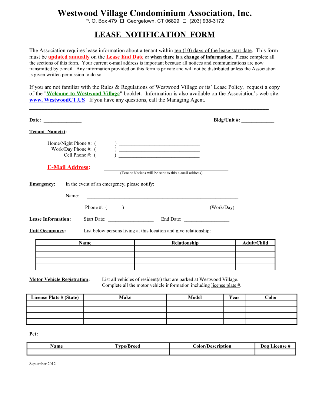 Motor Vehicle Registration Tenant Form