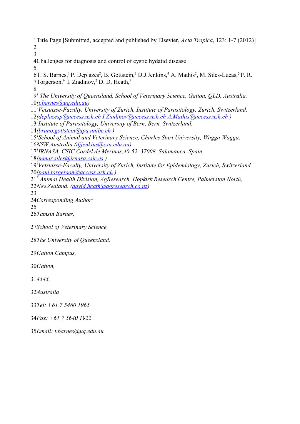 Title Page Submitted, Accepted and Published by Elsevier, Acta Tropica, 123: 1-7 (2012)