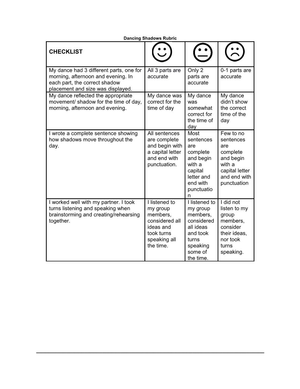 Dancing Shadows Rubric