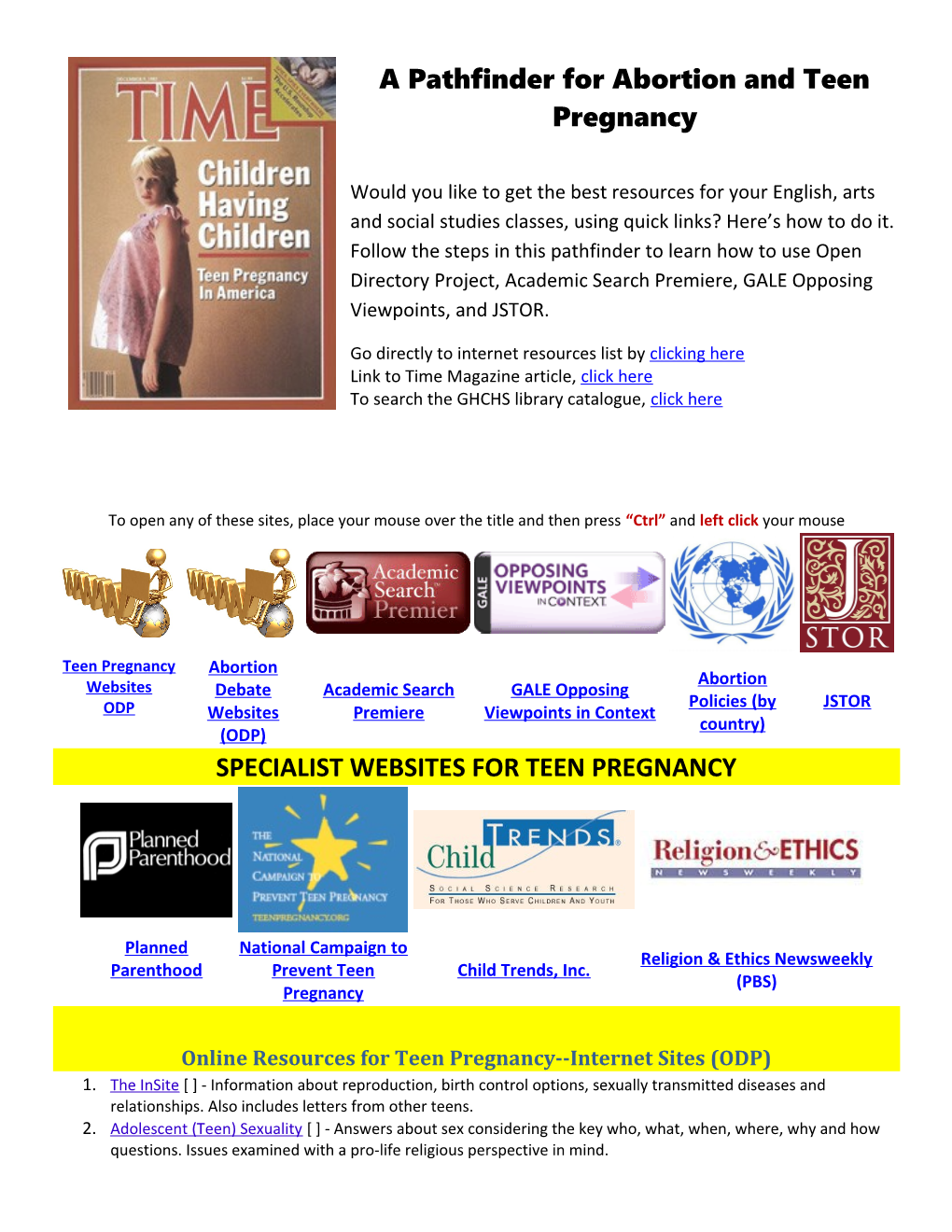 Online Resources for Teen Pregnancy Internet Sites (ODP)