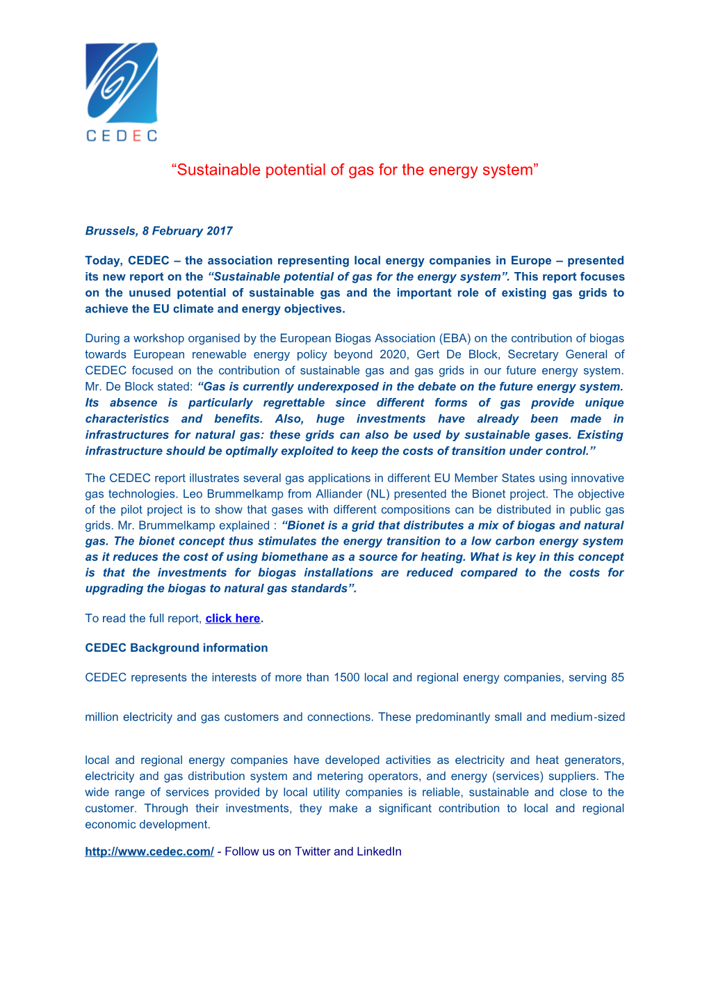 Sustainable Potential of Gas for the Energy System