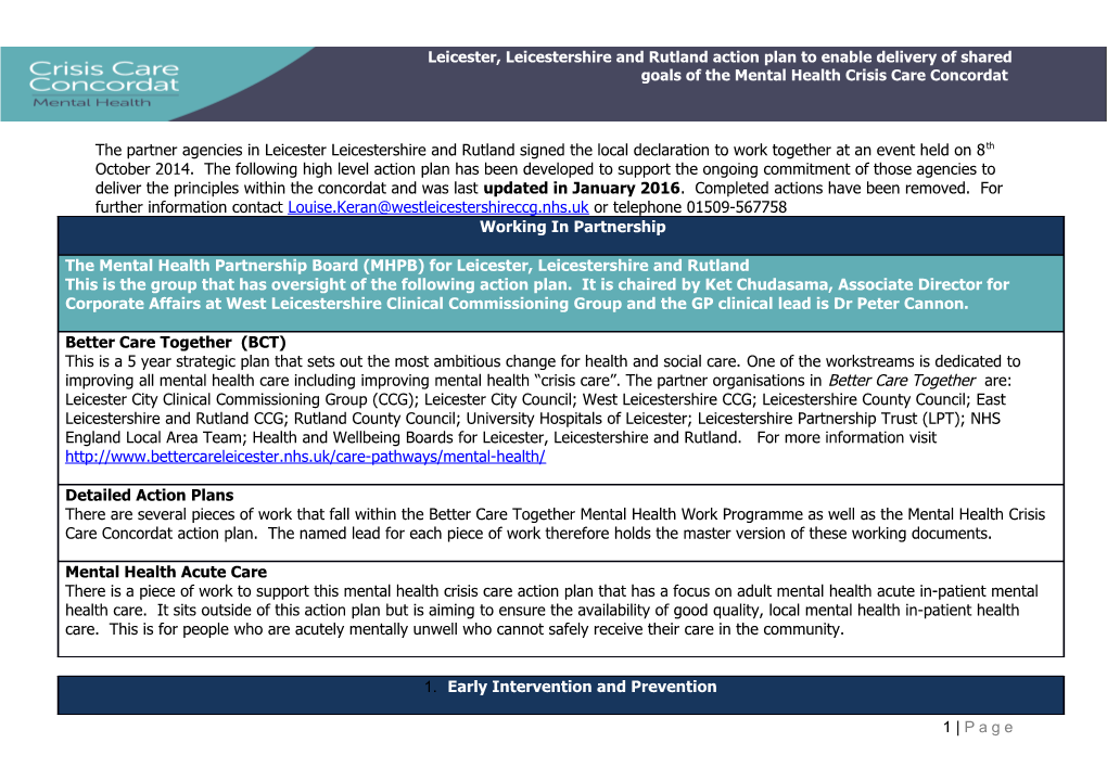 Leicester, Leicestershire and Rutland Action Plan to Enable Delivery of Shared Goals Of