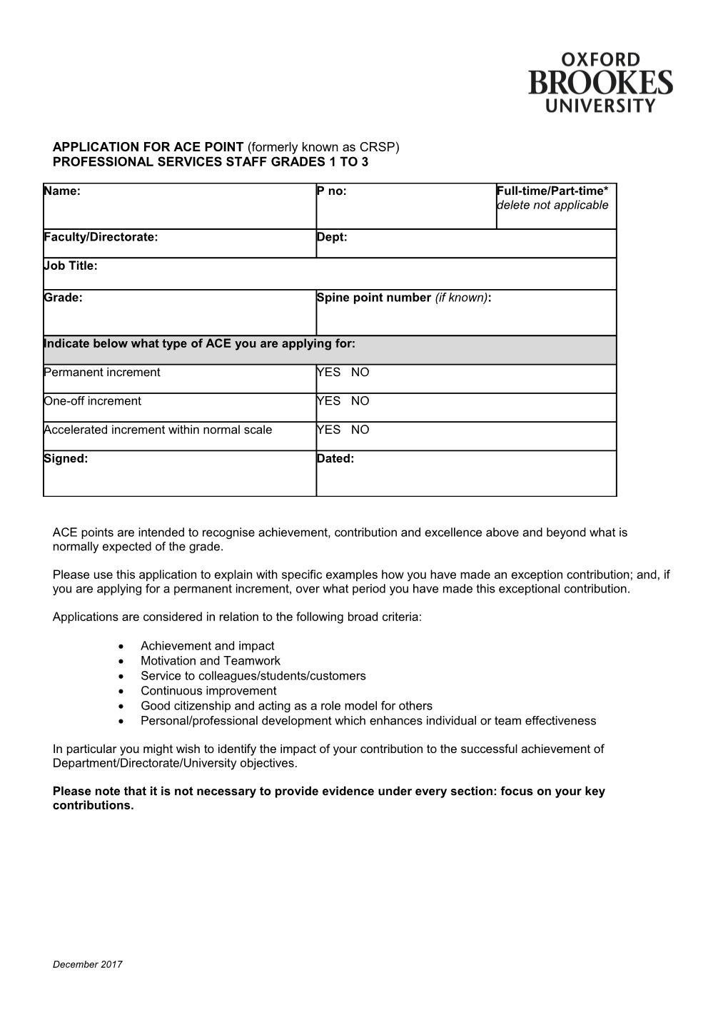 APPLICATION for ACE POINT (Formerly Known As CRSP)