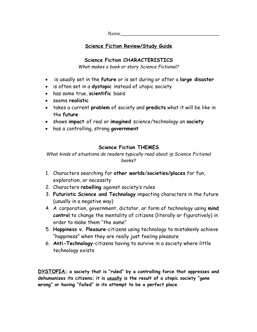 Science Fiction Review/Study Guide