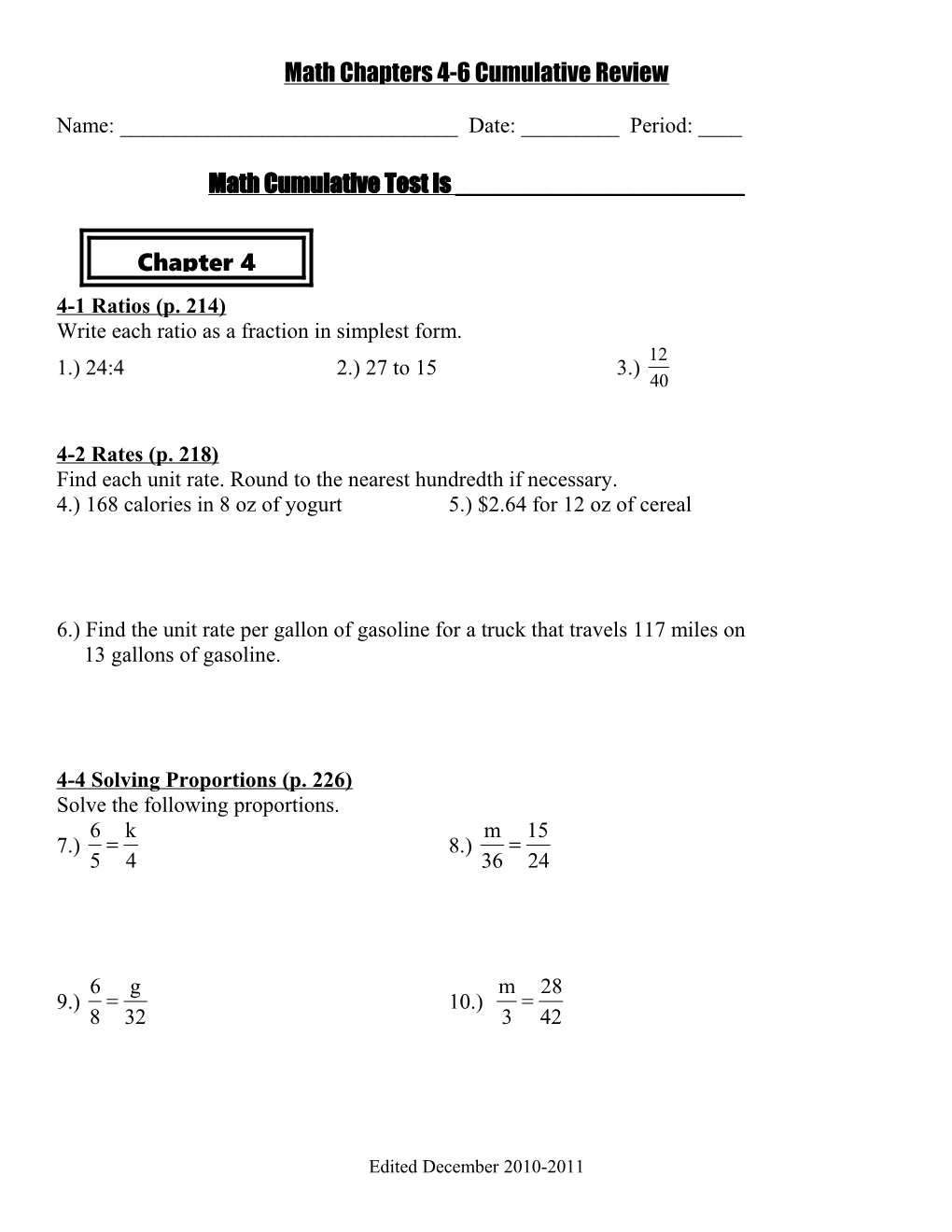 Math Chapters 4-6 Cumulative Review