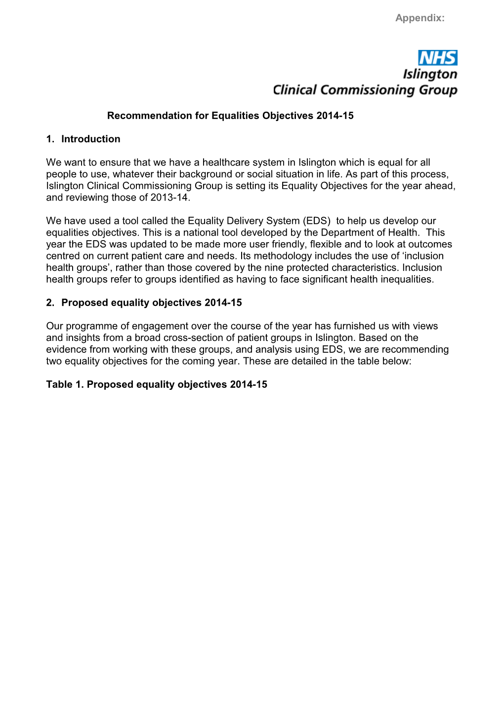 Recommendation for Equalities Objectives 2014-15
