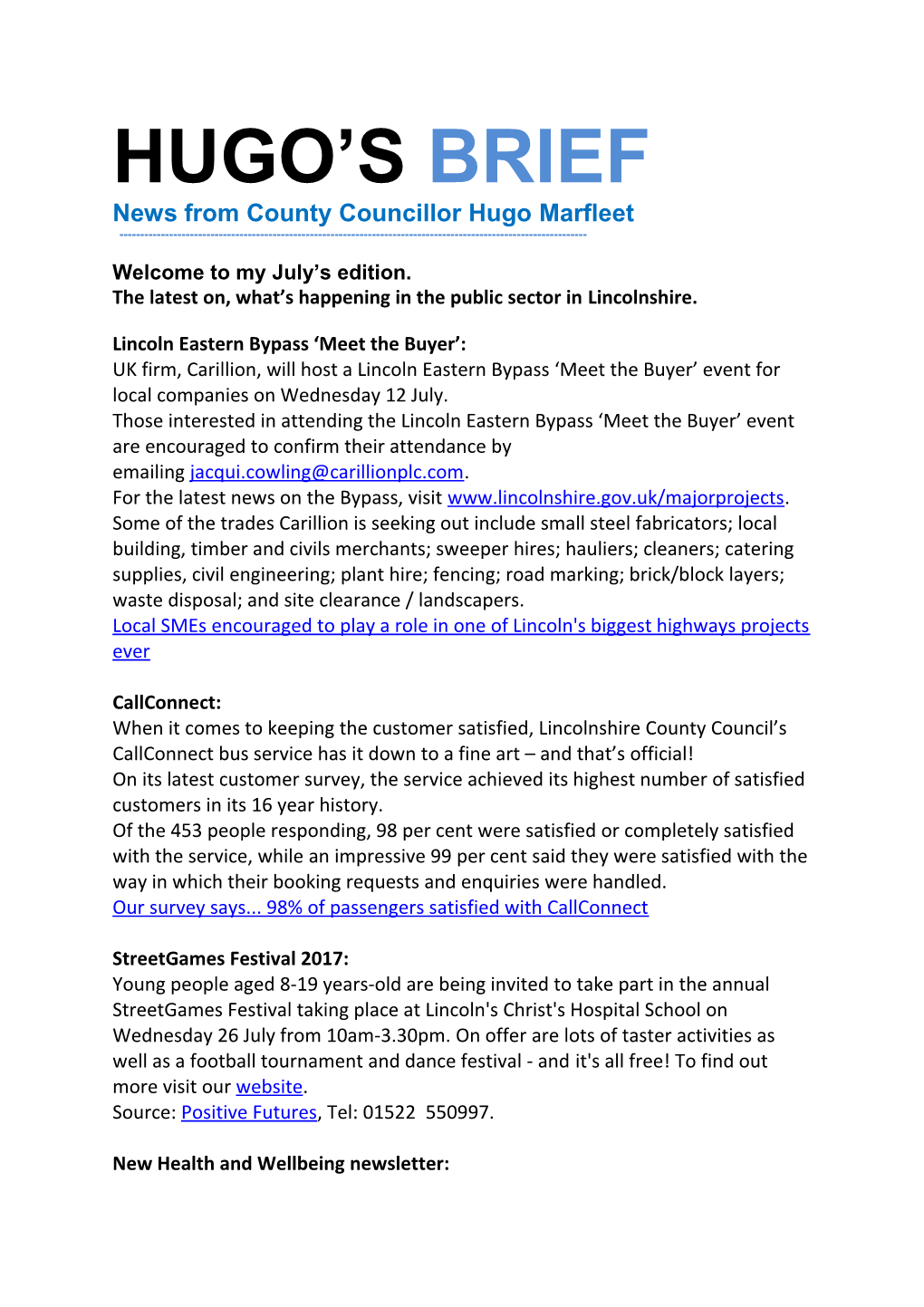 News from County Councillor Hugomarfleet