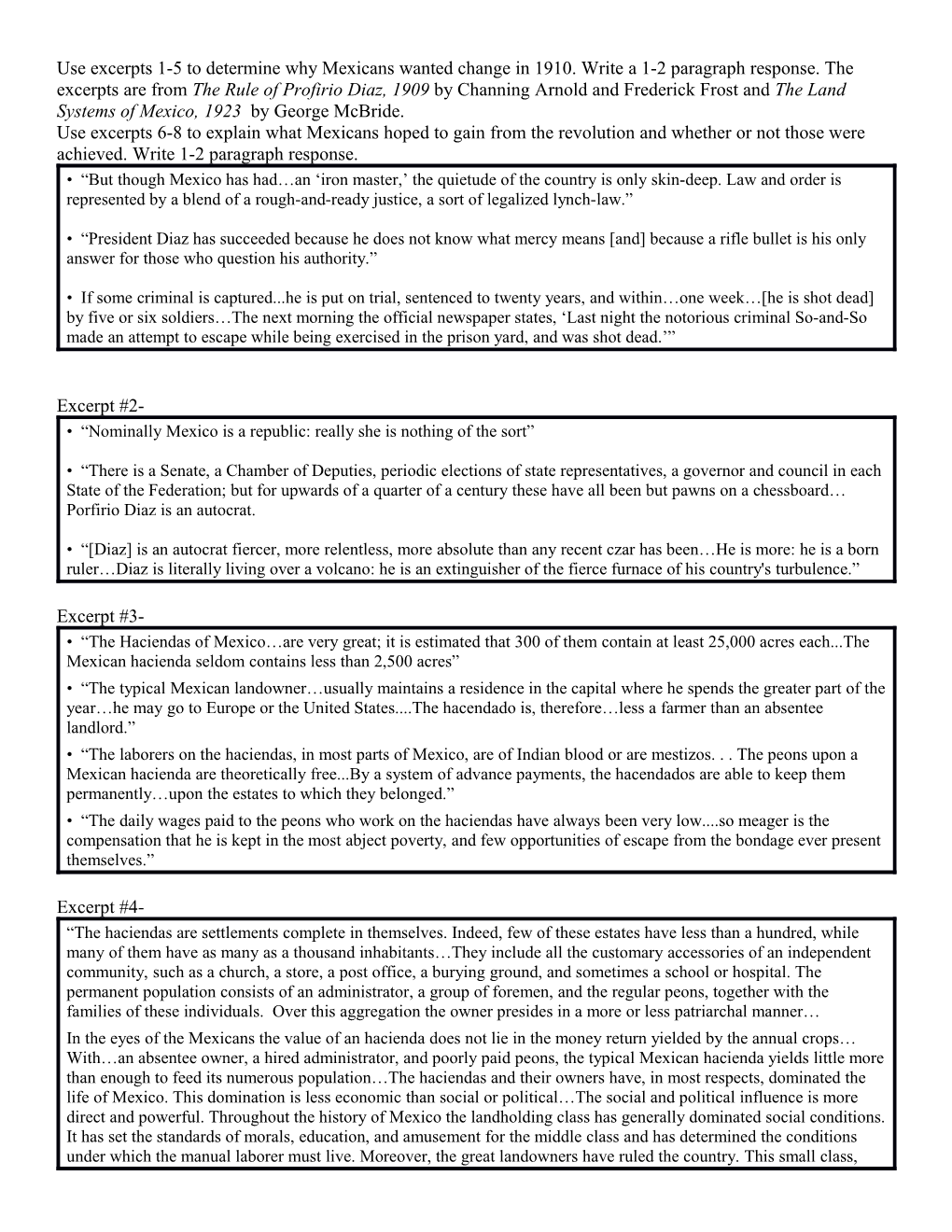 Use Excerpts 1-5 to Determine Why Mexicans Wanted Change in 1910. Write a 1-2 Paragraph