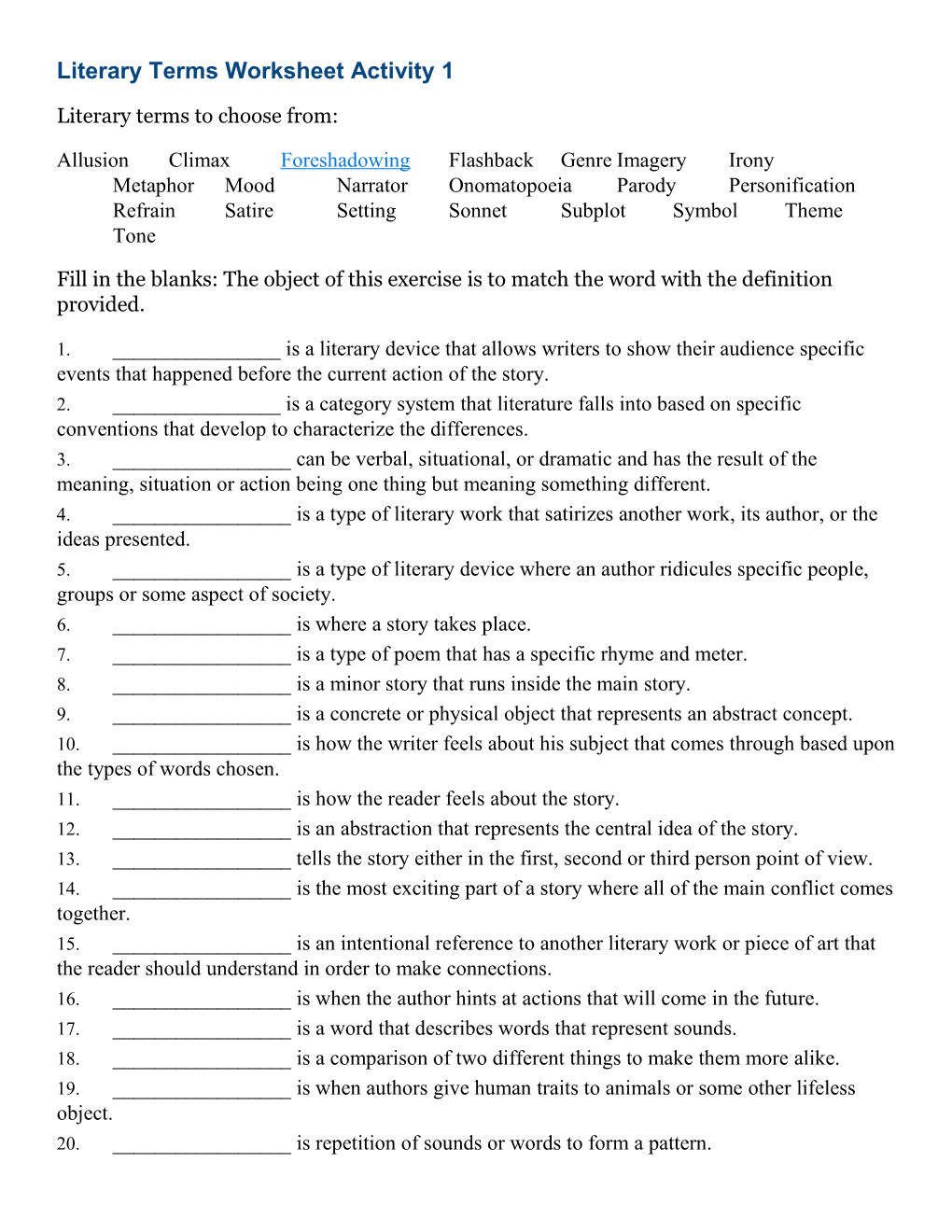 Literary Terms Worksheet Activity 1