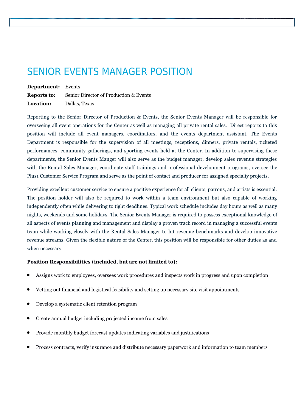Senior Events Manager Position