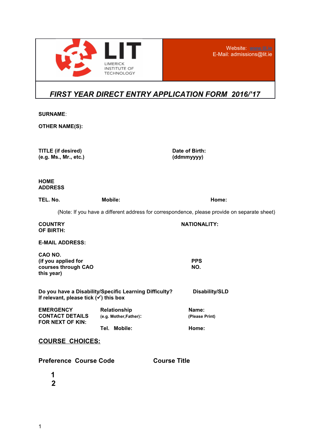 First Year Direct Entry Application Form 2016