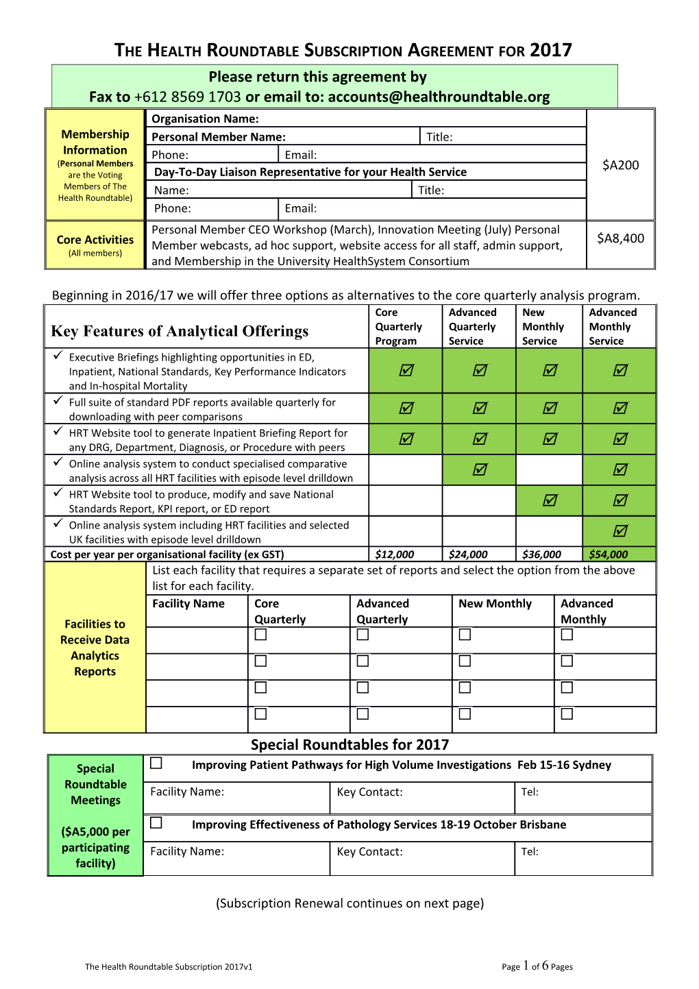 The Health Roundtable Subscription Agreement for 2017