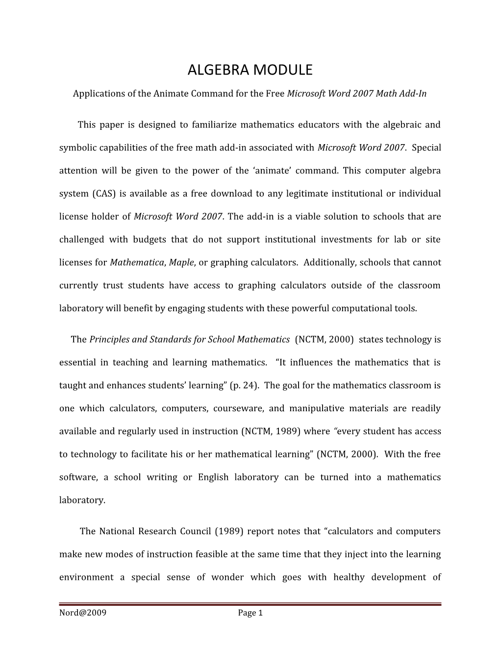 Applications of the Animate Command for Thefree Microsoft Word2007math Add-In