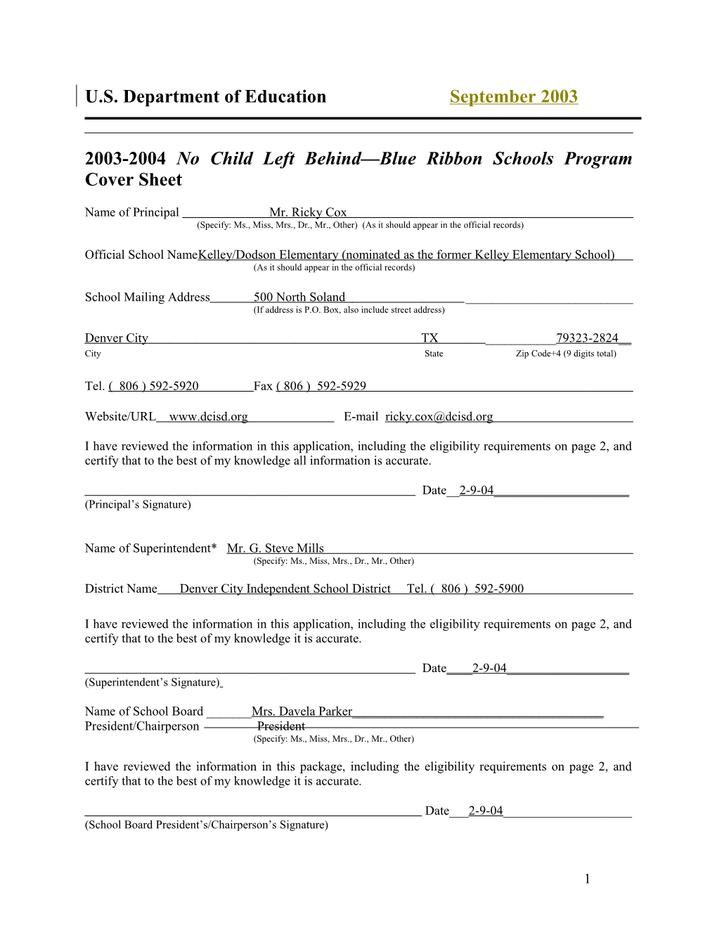 Kelley/Dodson Elementary School 2004 No Child Left Behind-Blue Ribbon School Application