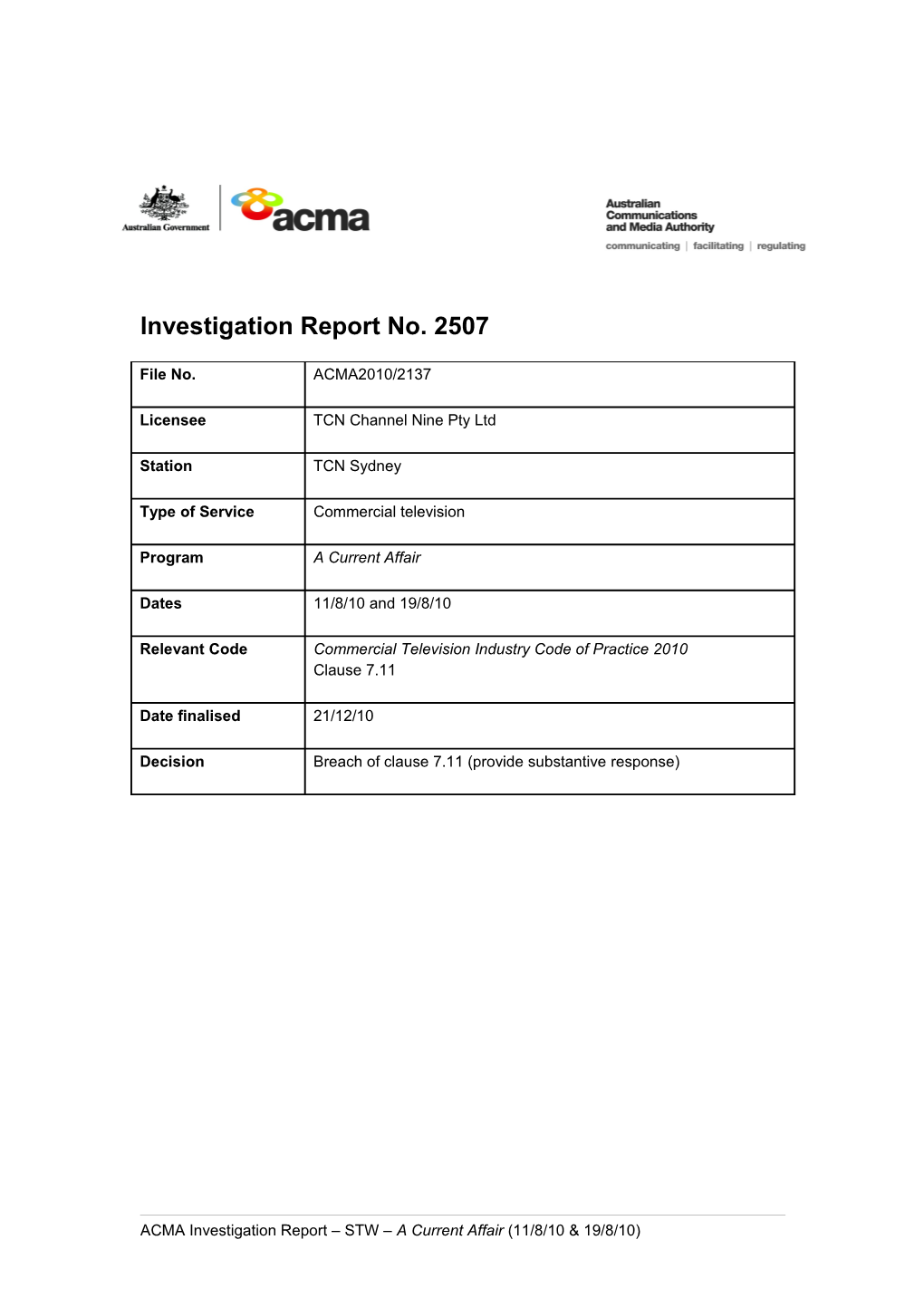 TCN 9 (Sydney) - ACMA Investigation Report 2507